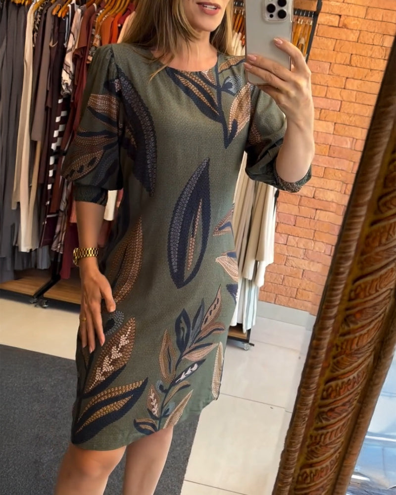 Plants Print Round Neck Half Sleeve Midi Dress - Image 6