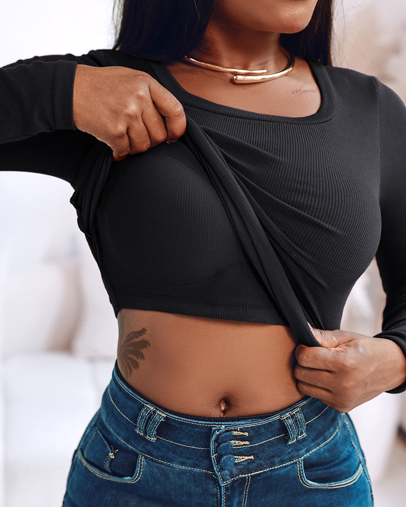 Built In Bra U Neck Tee High Stretchy Knit T-Shirt Long Sleeve Top - Image 20