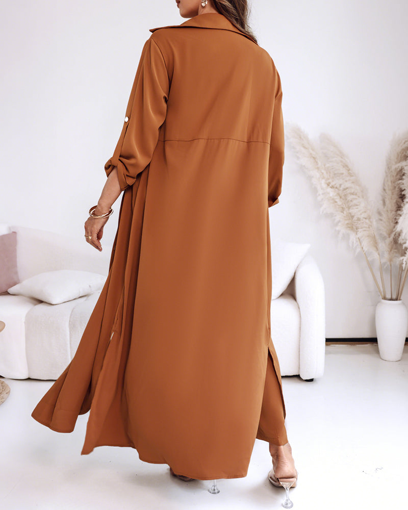 2 Pieces Outfit Turn-down Collar Turn-Up Sleeves Button Front Asymmetrical Hem Longline Blouse and Casual Elastic Waist Wide Leg Pants Set - Image 2