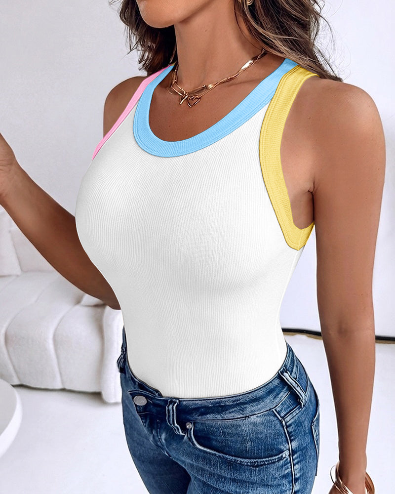 Women's Contrast Trim Ribbed Tank Top Slim Fit Sleeveless Round Neck Basic Camisole for Streetwear & Layering - Image 12