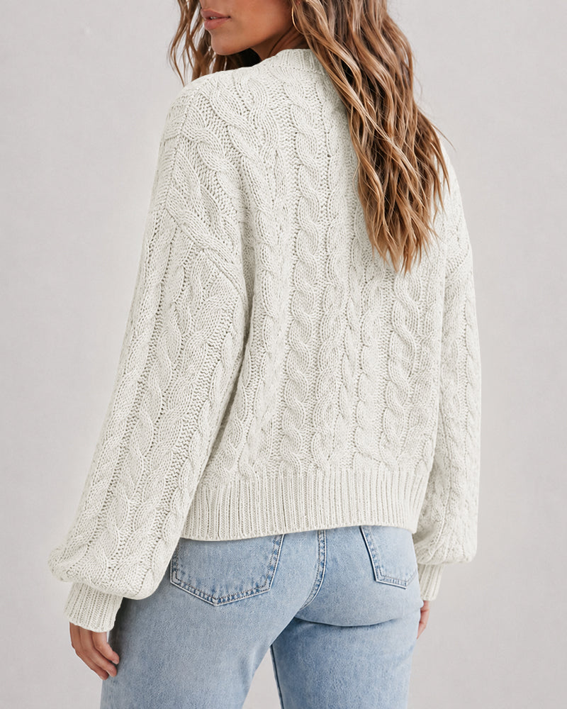 Women's Cable Knit Cardigan V Neck Button Down Chunky Knit Sweater Loose Lantern Sleeve Warm Outerwear - Image 7