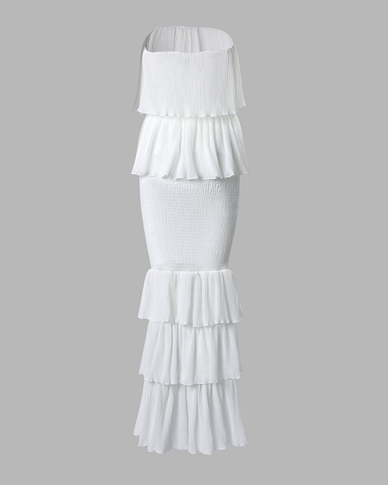 Layered Ruffle Shirred Slim Fit Strapless Dress Textured Maxi Party Dress - Image 6