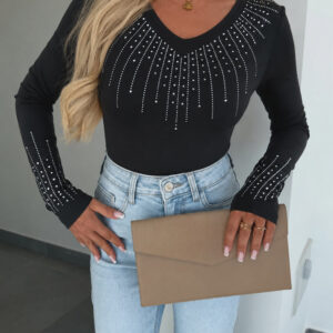 Women's Rhinestone V-Neck Long Sleeve Tee Slim Fit Sparkly Fitted Top