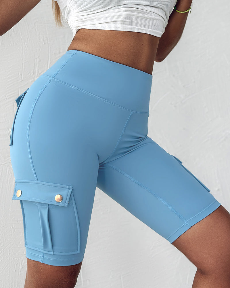 Tummy Control Butt Lifting Active Shorts High Waist Flap Pocket Workout Bermuda Cargo Running Shorts - Image 22