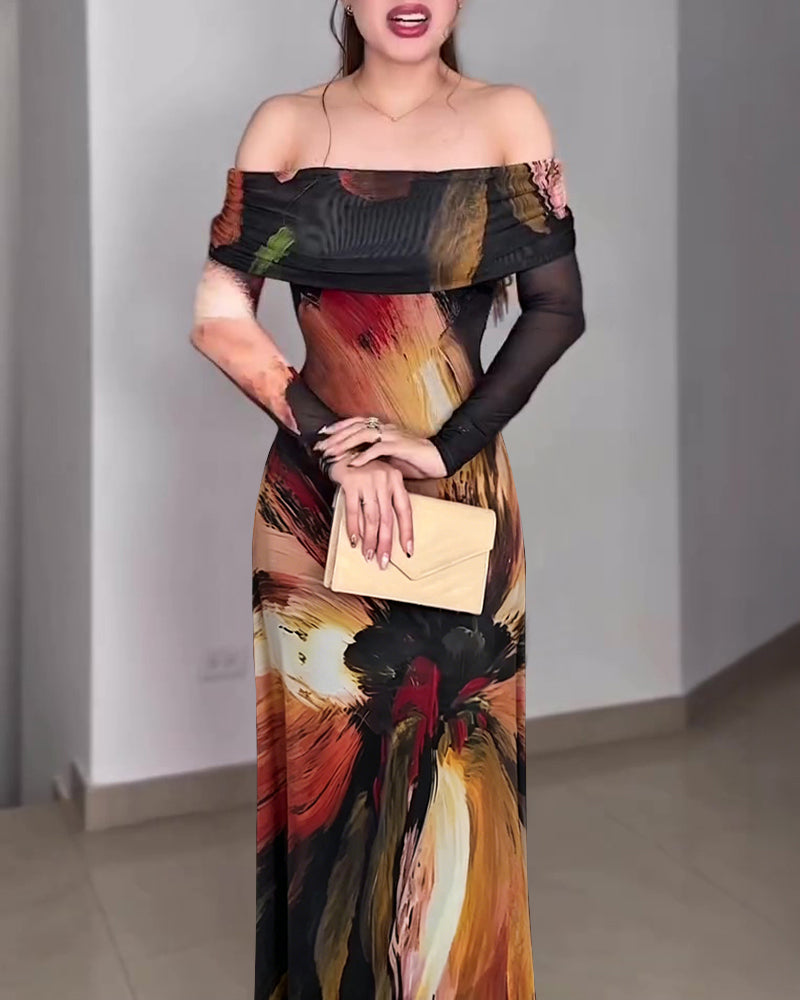 Women's Oil Painting Print Foldover Off-Shoulder Mesh Overlay Maxi Dress Long SleeveRuched Mermaid Long Dress - Image 4