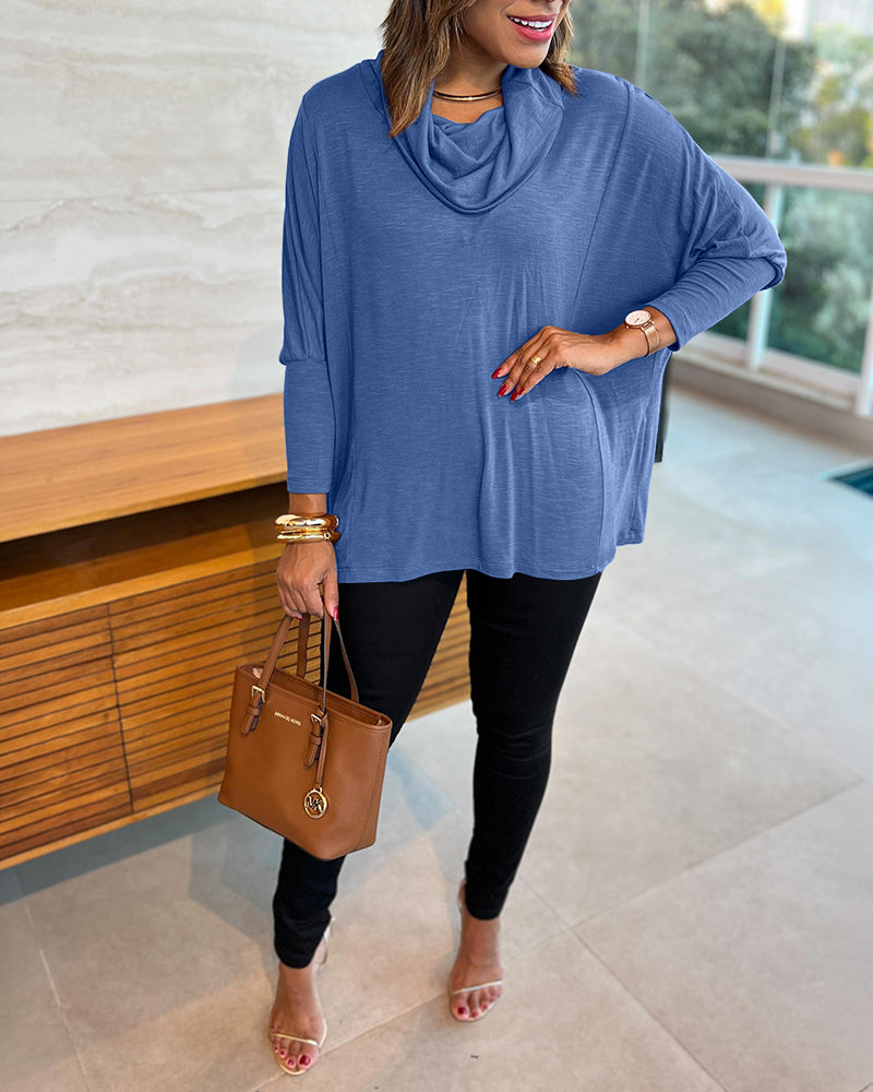Women's Cowl Neck Batwing Sleeve Top Casual Long Sleeve Loose Pullover Comfortable Soft Drape Blouse - Image 14