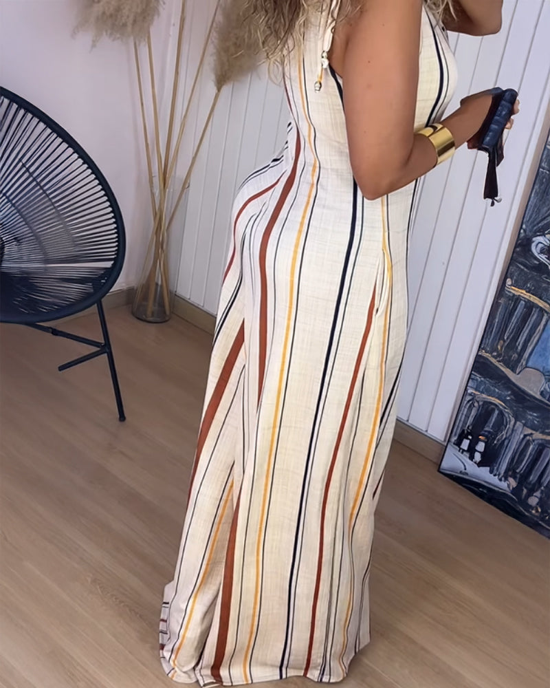 Women's V Neck Bow Tie Shoulder Striped Jumpsuit Casual Loose Wide Leg Overalls with Pockets - Image 4