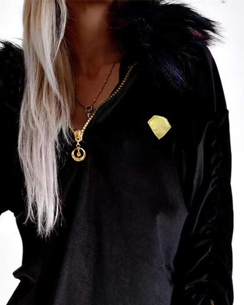 Velvet Fuzzy Trim Hooded Mini Dress Long Sleeve Zipper Design Sweatshirt Pullover Casual Dress - Image 15