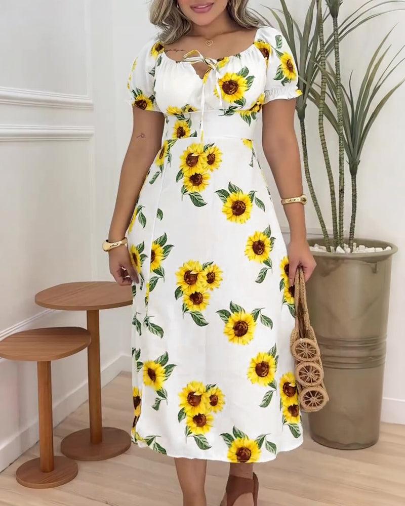 Women's Sunflower Print Midi Dress Puff Sleeve Tie Neck Sundress Shirred Back Slit A-Line Vacation Dress with Lining - Image 6