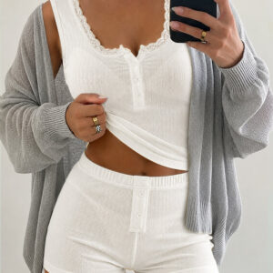 Women's 2-Piece Pajamas Set Lace Trim Henley Neck Tank Top and Shorts Set Casual Loungewear