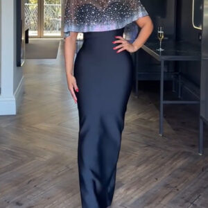 2 Pieces Outfit Detachable & Adjustable Spaghetti Straps Zipper Back Slit Slim Fit Maxi Dress and Rhinestone & Pearls Decor High Neck Zipper Back Sheer Mesh Poncho Cape
