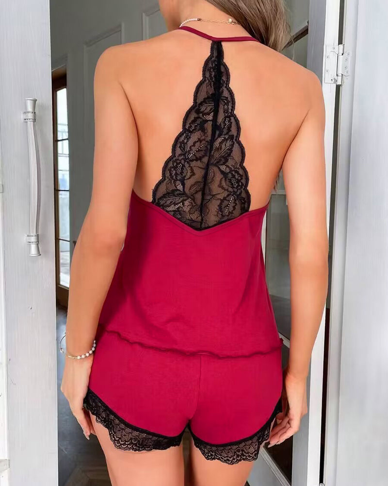 Crochet Lace Trim Backless Cami Top And Shorts Set Pajams Set Sleepwear - Image 19