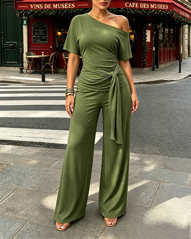 Women's Skew Neck 2 Piece Outfits Ruched Tie Waist Short Sleeve Top and High Waisted Wide Leg Pants Lounge Set - Image 12