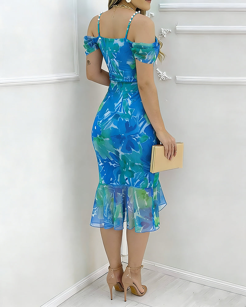 CHICME Women's Watercolor Floral Print Mesh Ruffle Hem Dress Pearls Decor Strap Cowl Neck Slit Bodycon Dress - Image 2