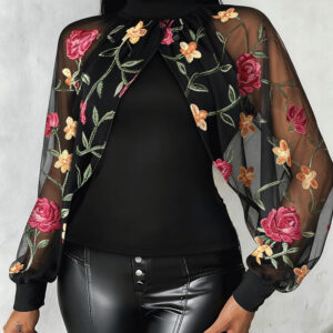 Mock Neck Floral Embroidery Cape-style Mesh Lantern Sleeve Spliced Blouse Ruched Hollow-out Back Slim Fit Top