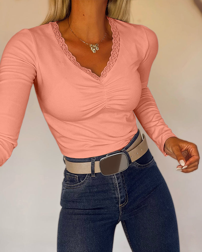 Women's Lace V Neck Ruched T Shirt Slim Fit Long Sleeve Tee Casual Elegant Top - Image 21
