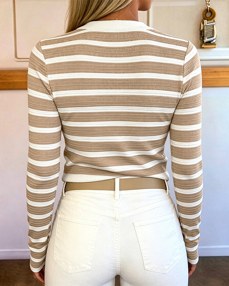 Women's Striped Knit Top Gold Button Long Sleeve Pullover Crewneck Slim Fit Knitwear Contrast Binding Sweater - Image 2