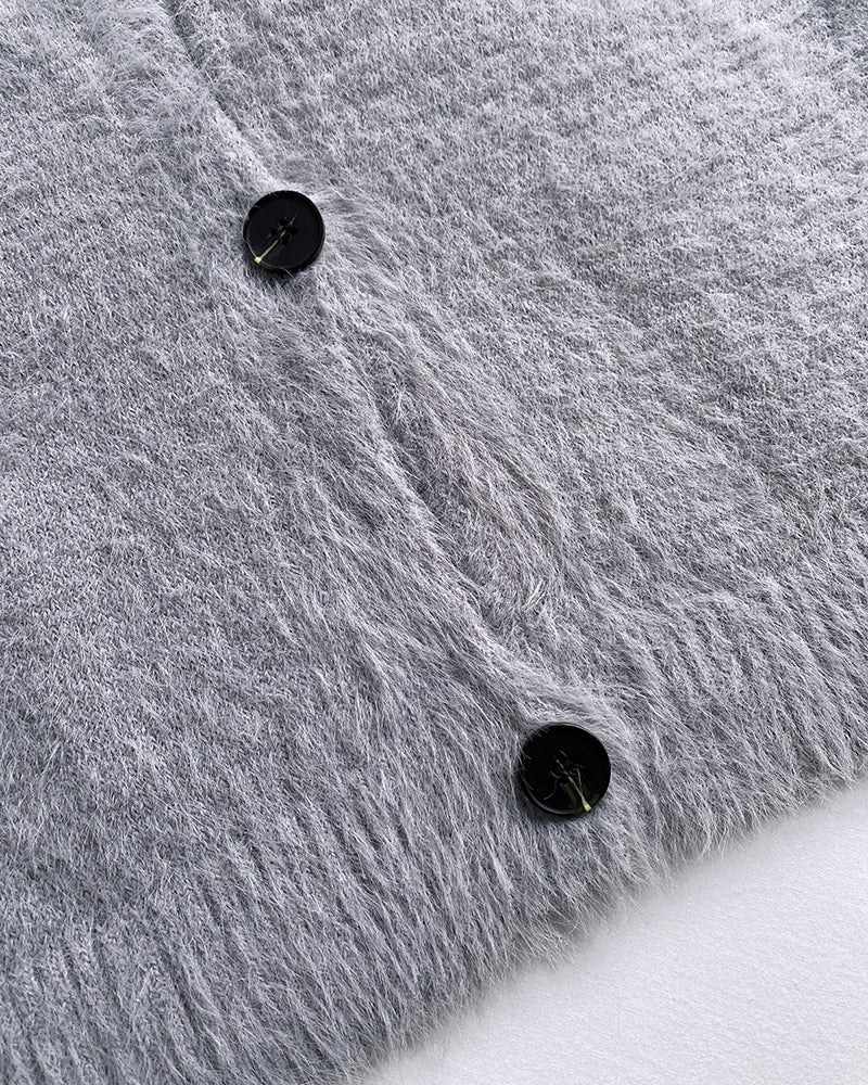 V-Neck Single Breasted Fuzzy Cardigan Casual Minimalist Sweater Coat - Image 3