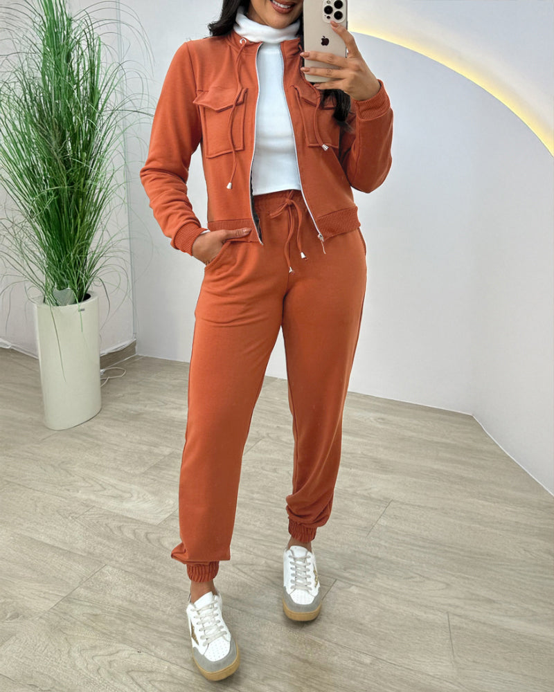 Stand Collar Long Sleeve Pocket Dec Zipper Top and Casual Elastic Waist Drawstring Pants Sets - Image 2