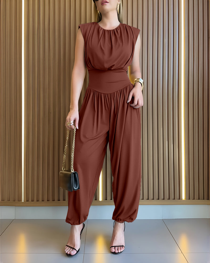 Padded Shoulders Sleeveless Cinched Waist Side High Slit Overalls Casual Hollow-out Back Ruched Jumpsuit - Image 9