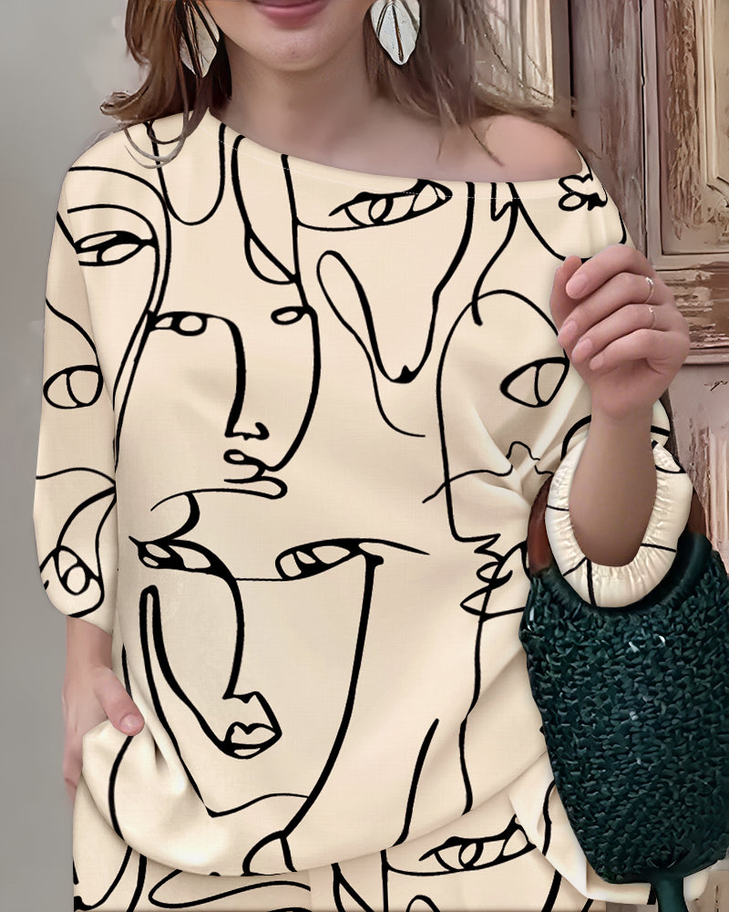 Women's Abstract Face Print Two Piece Outfits Boat Neck Batwing Sleeve Top and High Waisted Wide Leg Pants Set with Pockets - Image 3