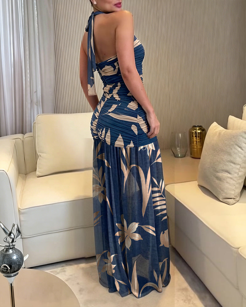 Women's Vintage Plants Halter Tie Maxi Dress Sexy Backless Ruched Bodycon Dress Elegant Slit Mesh Evening Party Gown - Image 2