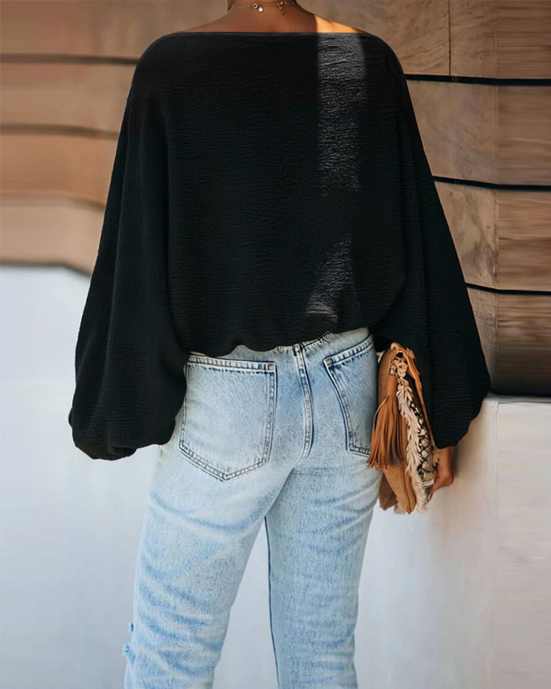 Women's French Style Off Shoulder Blouse Elegant Lantern Sleeve Top Versatile Skew Neck Textured Shirt - Image 9