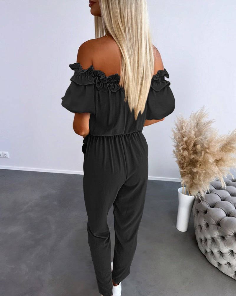 Frill Trim Off Shoulder Short Sleeve Tie Waist Overalls Casual Textured Jumpsuit - Image 7