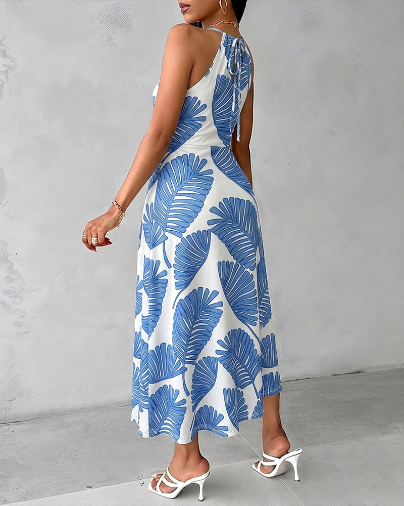 Women's Tropical Palm Leaf Print Halter Tie Midi Dress Sexy Hollow Out Ruched Slit Summer Vacation Dress - Image 2
