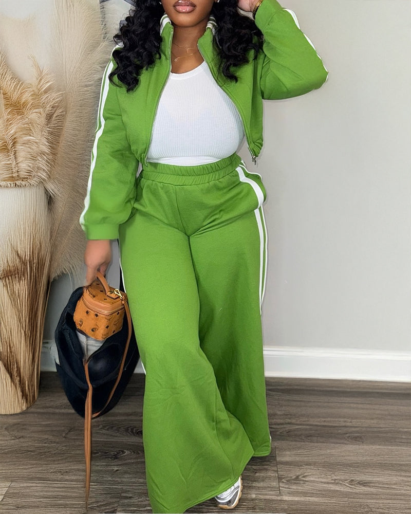 2 Pieces Outfit Stand Collar Zip Up Stretchy Hem Crop Coat and Elastic Waist Wide Leg Pants Set Casual Contrast Side Striped Set - Image 10