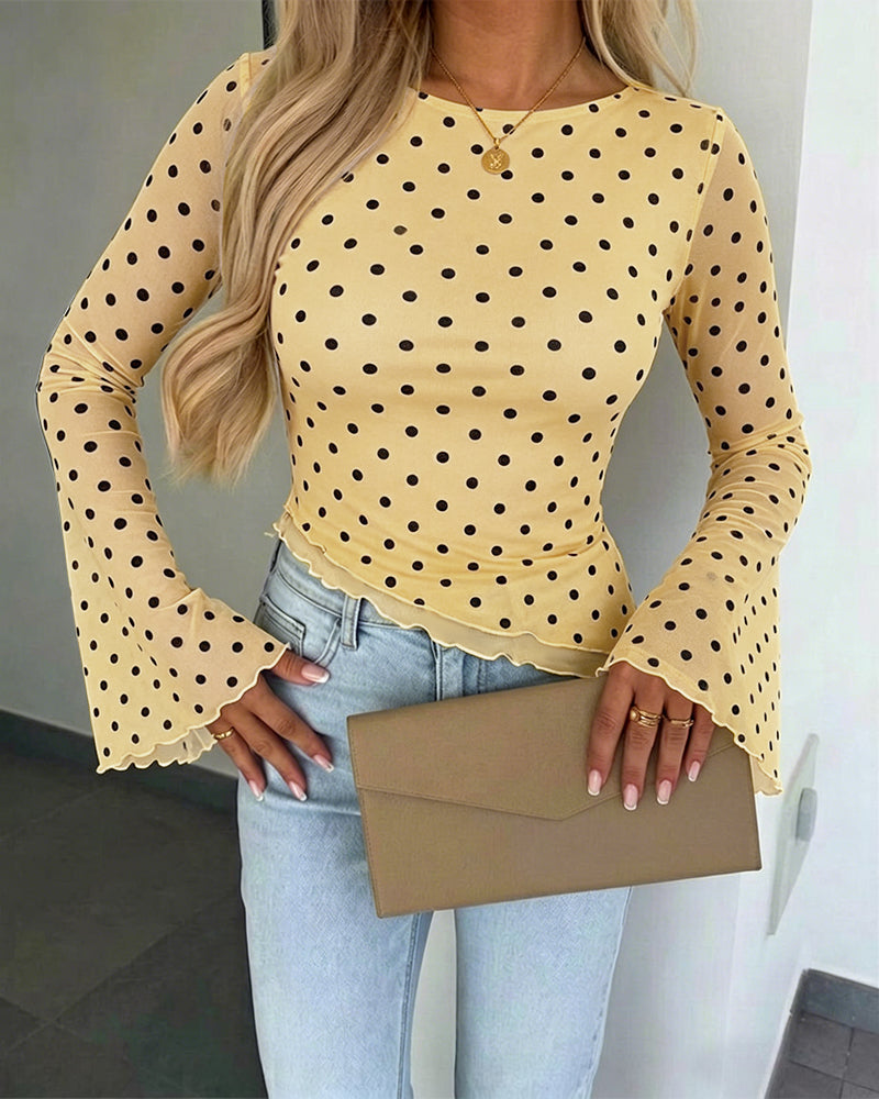Women's Polka Dot Mesh Top Flare Long Sleeve Boat Neck Lined Asymmetric Frill Hem Blouse Vintage Party Shirt - Image 8
