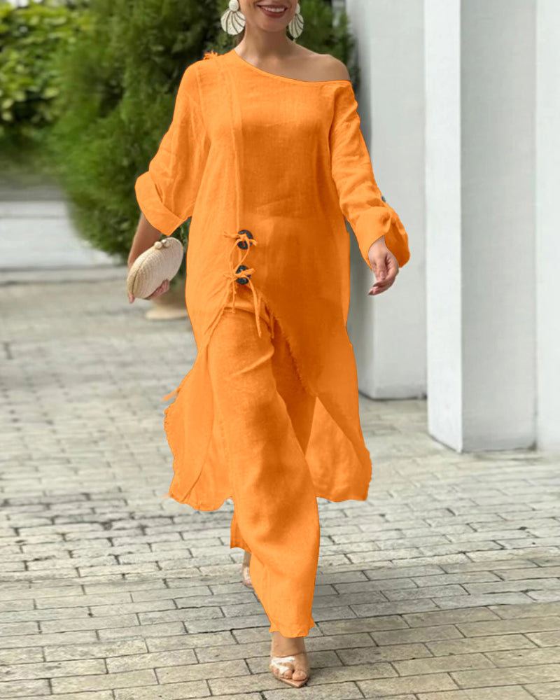 2 Pieces Outfit Button Decor One Shoulder Turn-Up Sleeves Slit Raw Edges Top and Casual Drawstring Elastic Waist Wide Leg Pants Set - Image 13