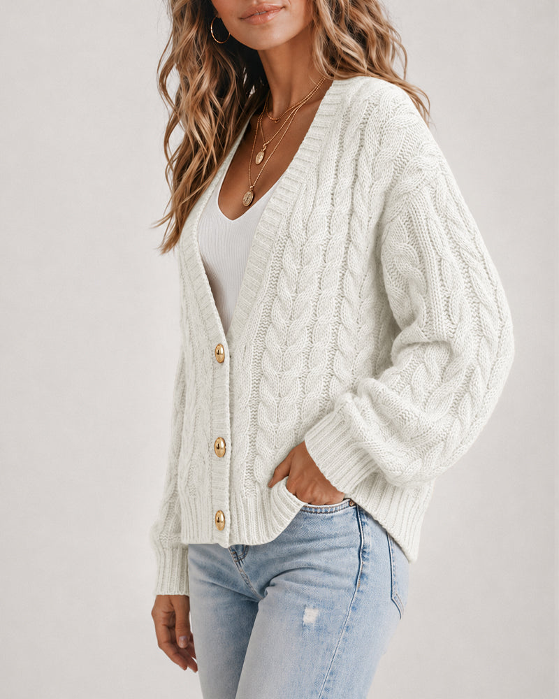 Women's Cable Knit Cardigan V Neck Button Down Chunky Knit Sweater Loose Lantern Sleeve Warm Outerwear - Image 10