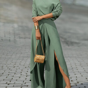 Two-Piece Set Cold Shoulder Batwing Sleeve Top and Casual Elastic Waist Slit Wide Leg Pants