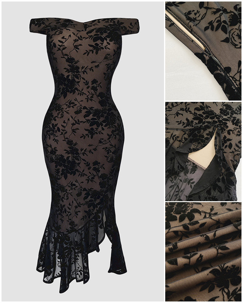 Women's Flock Floral Mesh Dress Off Shoulder Ruffle Hem Bodycon Dress Slit Evening Party Mermaid Gown - Image 5