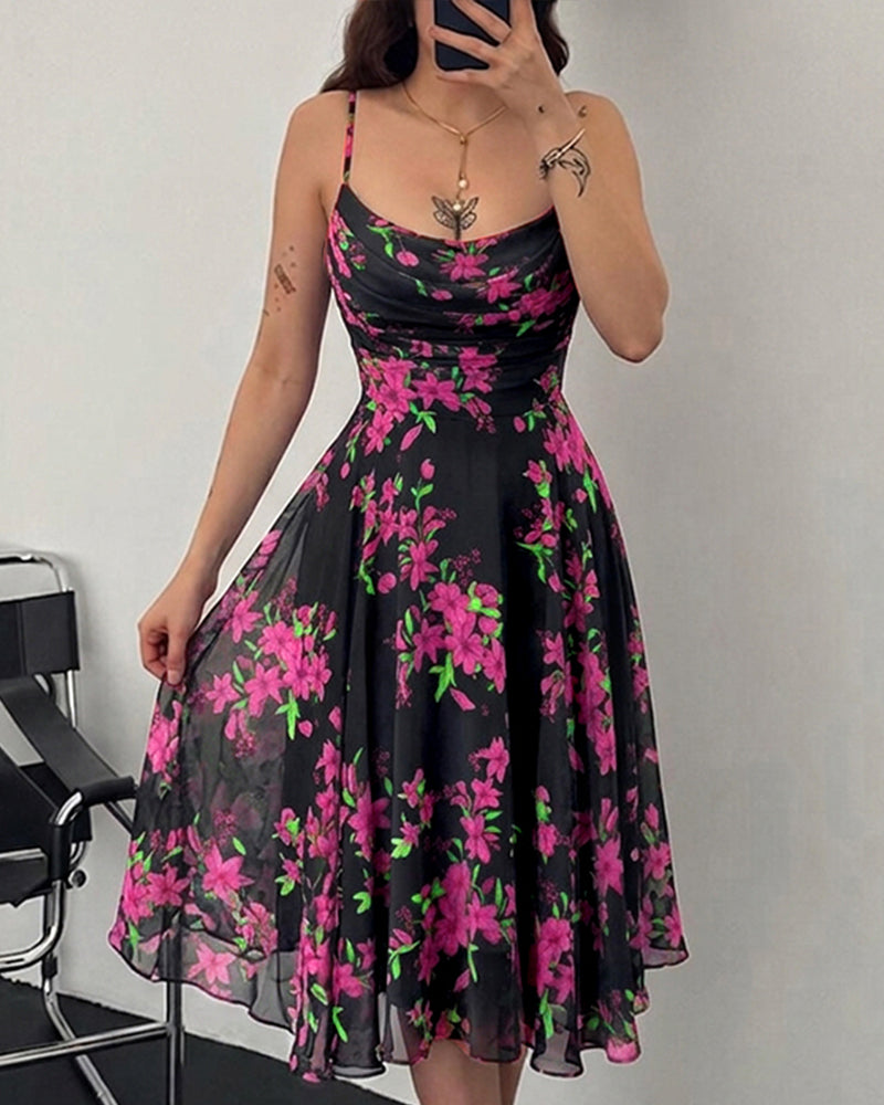 Women's Floral Print Cowl Neck Cami Dress High Waisted Sheer Mesh Overlay A-Line Dress Elegant Backless Flowy Party Dress - Image 4