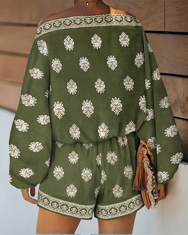 2 Pieces Outfit Boho Skew Neck Lantern Sleeve Top and Elastic Waist Shorts Set Casual Vintage Baroque Placement Print Vacation Set - Image 2