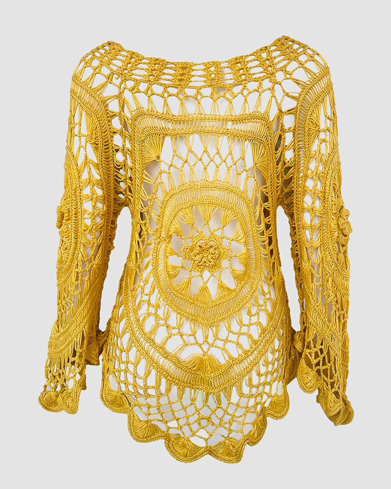 Women's Crochet Hollow Out Knit Top Batwing Sleeve Loose Cover Up Asymmetric Hem Sheer Bohemian Knitwear - Image 6