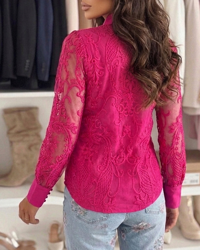 Women's Elegant Mesh Patchwork Shirt Floral Embroidery Stand Collar Pearl Button Long Sleeve Blouse - Image 2
