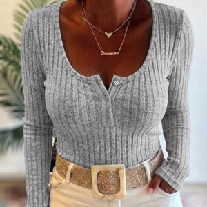 Women's Ribbed Henley Long Sleeve Knit Top Slim Fit Casual Pullover