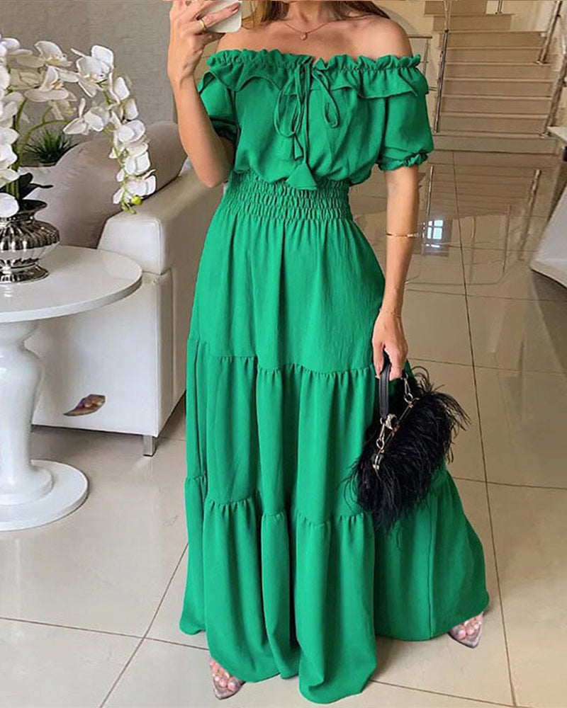 Off Shoulder Short Sleeve Frill Hem Lace Up Dress Casual Strechy Waist Flared Maxi Dress - Image 2