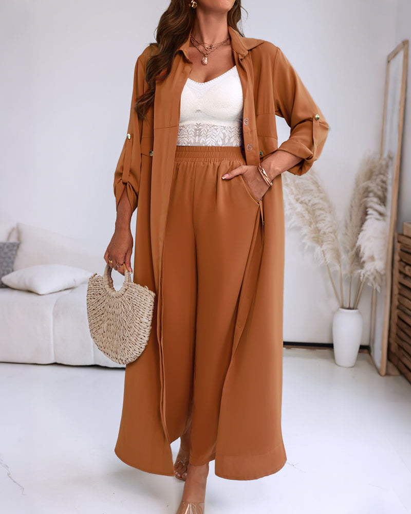 2 Pieces Outfit Turn-down Collar Turn-Up Sleeves Button Front Asymmetrical Hem Longline Blouse and Casual Elastic Waist Wide Leg Pants Set - Image 3