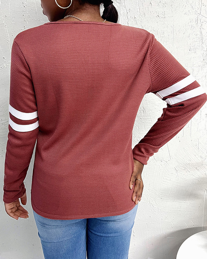 Striped Print Zipper Front Long Sleeve Top Waffle Knit Loose Fitting Tunic Tops - Image 6