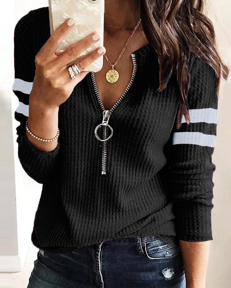 Striped Print Zipper Front Long Sleeve Top Waffle Knit Loose Fitting Tunic Tops - Image 15