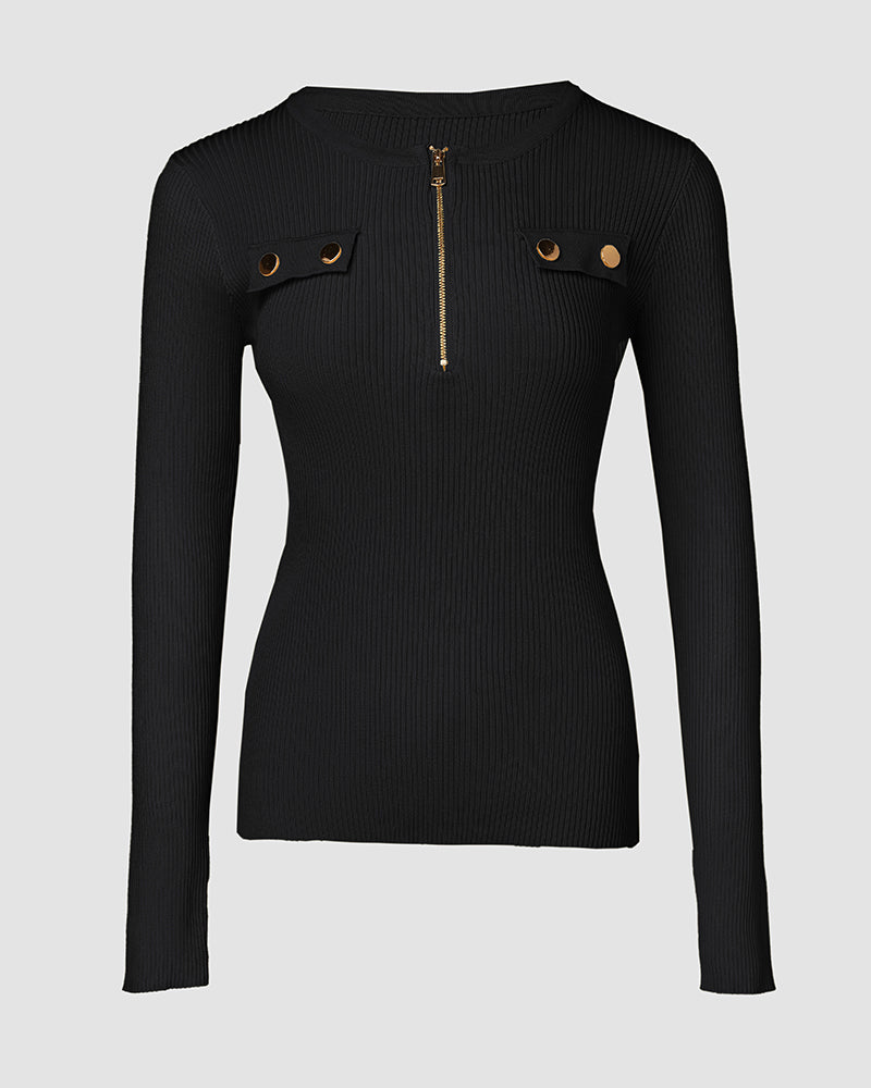 Crewneck Half Zipper Flap Detail Knit Sweater Long Sleeve Slim Fit Ribbed Pullover Top - Image 5