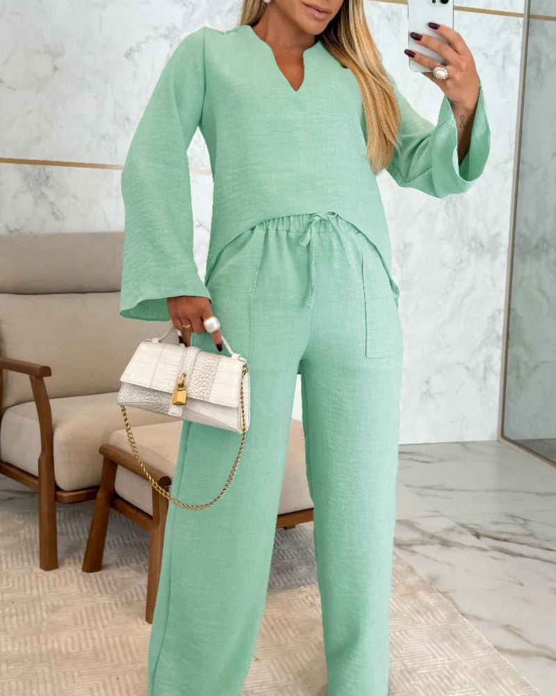 2 Piece Notch Neck Long Sleeve Asymmetrical Hem Tops Stretchy Waist Straight Leg Pants Lounge Sets Tracksuit - Image 7