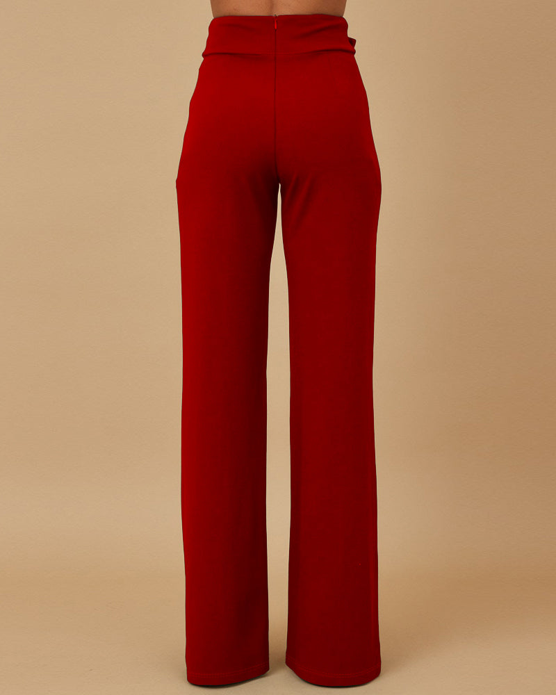 Metal Button Decor High Waist Casual Straight Leg Work Pants - Image 12