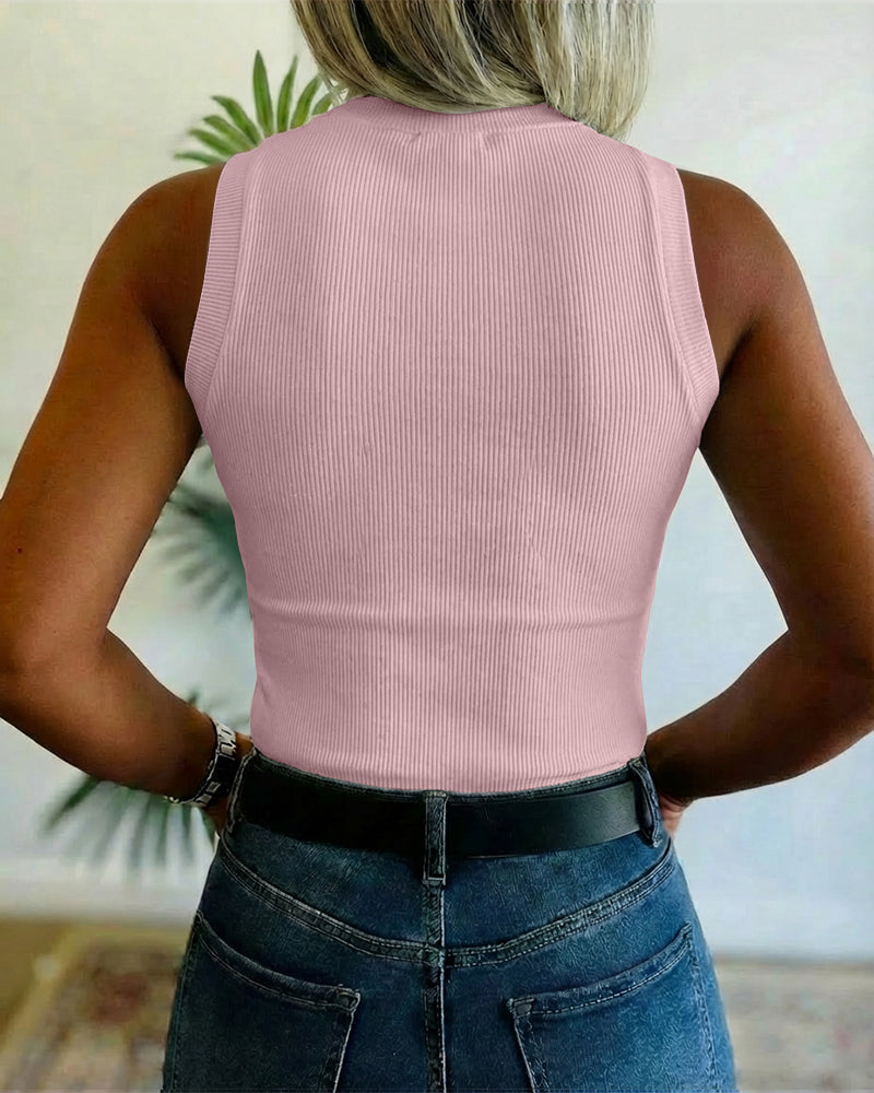 Rhinestone Decor O-neck Sleeveless Knit Tee Slim Fit Tank Top - Image 9
