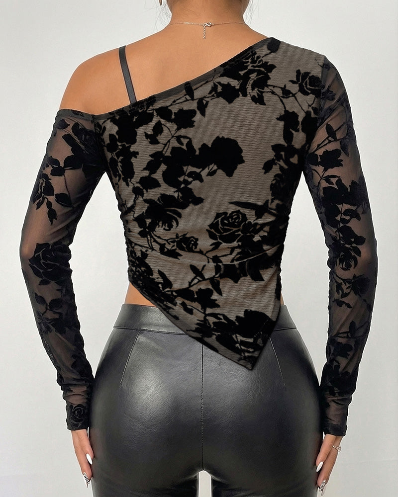 Women's Flocked Floral Mesh Top Skew Neck Long Sleeve Asymmetrical Blouse with Thumb Hole Cuffs - Image 2