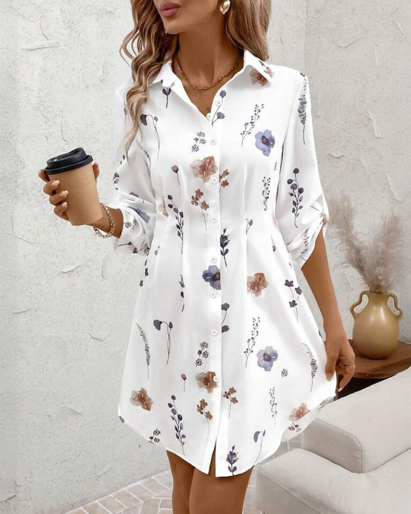 Watercolor Floral Print Turn-down Collar Turn-Up Sleeves Shirred Back Shirt Dress Casual Button Down Cinched Waist Asymmetrical Hem Vacation Dress - Image 3